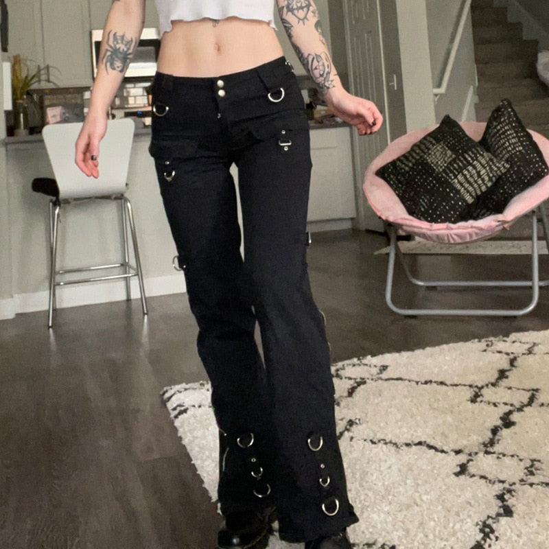 Y2K-inspirierte Jeans mit Schlag, Reißverschluss-Schlitz und hoher Taille – Damen-Straßenmode - undergroundtechnostore.de