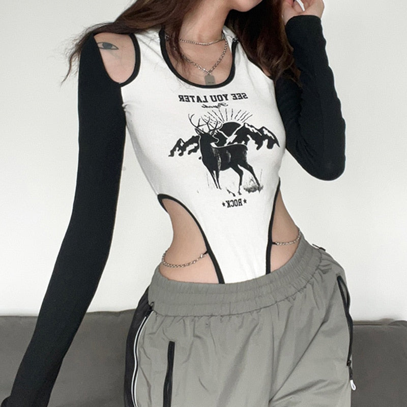 Kapuzen-Bodysuit mit langen Ärmeln und Cut-Outs – Sexy Streetwear für Damen - undergroundtechnostore.de