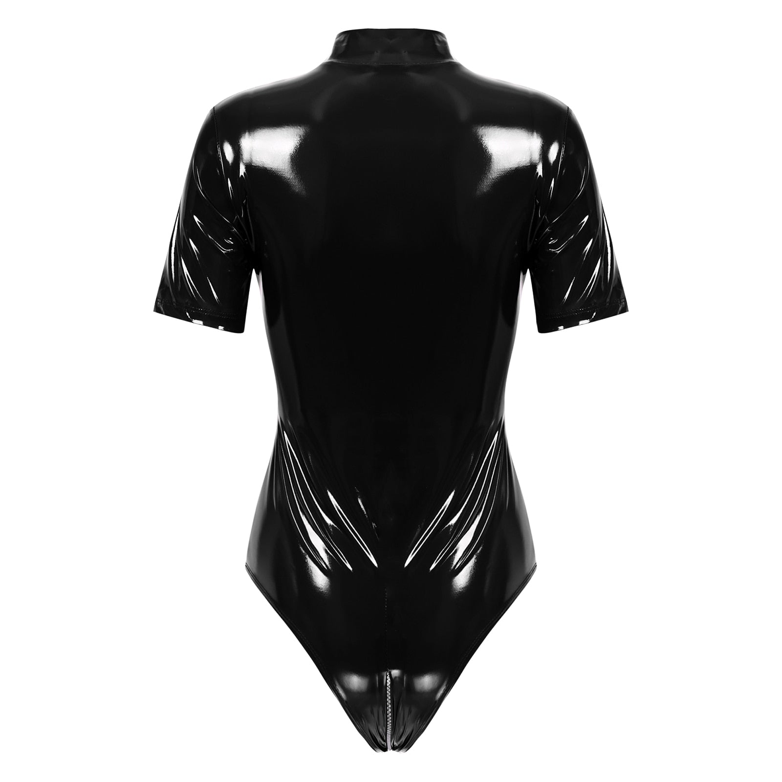 Damen Wet-Look PVC Latex Catsuit - Langärmeliger Clubwear Bodysuit mit Reißverschluss und High-Cut Design für Pole-Dance - undergroundtechnostore.de