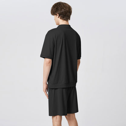 Herren-Set in einfarbigem Streetwear-Stil: Kurzarm-Hemd mit Revers & elastische Shorts - 2-teiliges, modisches, lässiges Outfit - undergroundtechnostore.de