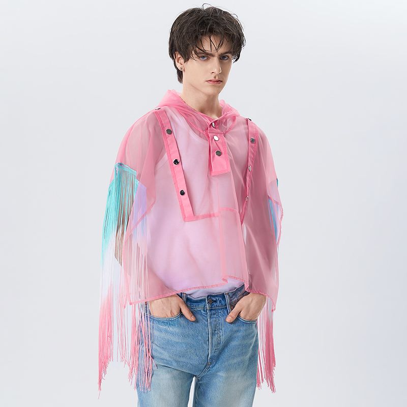 Herren T-Shirt mit Netz und Quastenverzierung, Kapuze, unregelmäßigem Kurzarm, transparenter Streetwear-Poncho - undergroundtechnostore.de