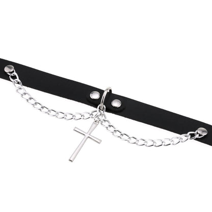 Harajuku-Gothic-Kreuzkette Anhänger Halskette - Verstellbares PU-Leder Choker für Damen und Herren - Hip-Hop-Underground-Schmuck - undergroundtechnostore.de