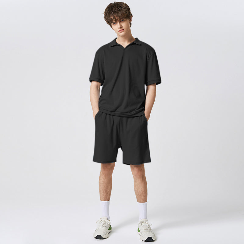 Herren-Set in einfarbigem Streetwear-Stil: Kurzarm-Hemd mit Revers & elastische Shorts - 2-teiliges, modisches, lässiges Outfit - undergroundtechnostore.de