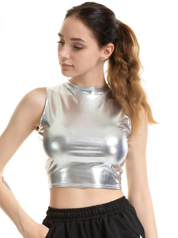 Sexy, Schlankes & Glänzendes Ärmelloses Top | Sommerliche Kurzoberteile | Clubwear in Metallic-Farben - undergroundtechnostore.de