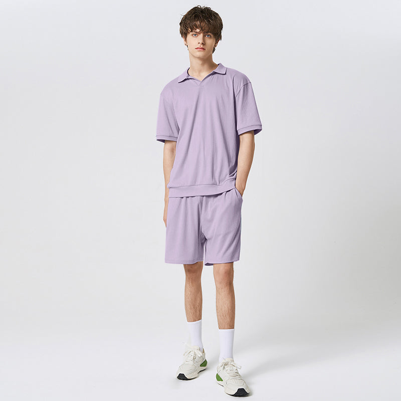 Herren-Set in einfarbigem Streetwear-Stil: Kurzarm-Hemd mit Revers & elastische Shorts - 2-teiliges, modisches, lässiges Outfit - undergroundtechnostore.de