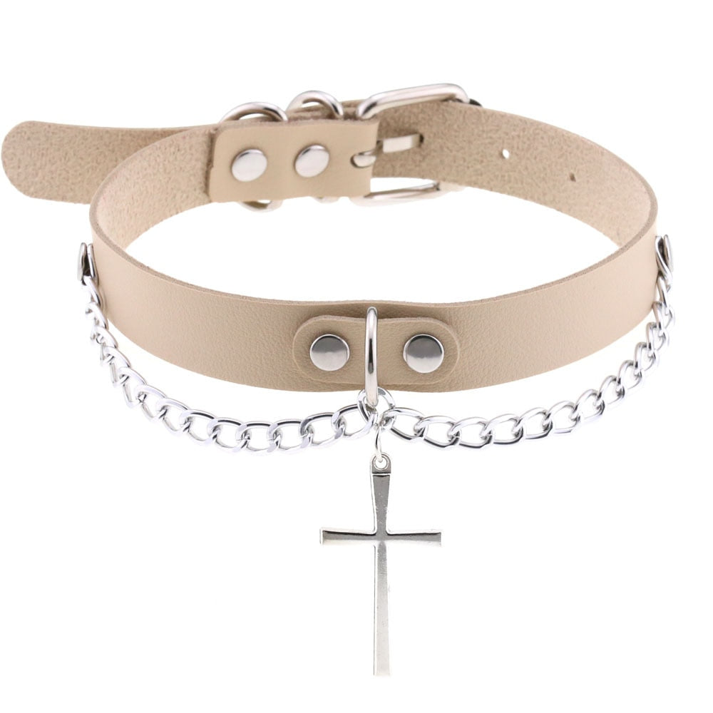 Harajuku-Gothic-Kreuzkette Anhänger Halskette - Verstellbares PU-Leder Choker für Damen und Herren - Hip-Hop-Underground-Schmuck - undergroundtechnostore.de