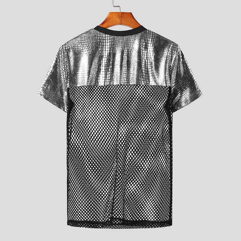 Herren T-Shirt 2023, Netz-Patchwork, transparent und glänzend, Streetwear, Rundhalsausschnitt, kurzärmeliges sexy Party-Fashion-Oberteil - undergroundtechnostore.de
