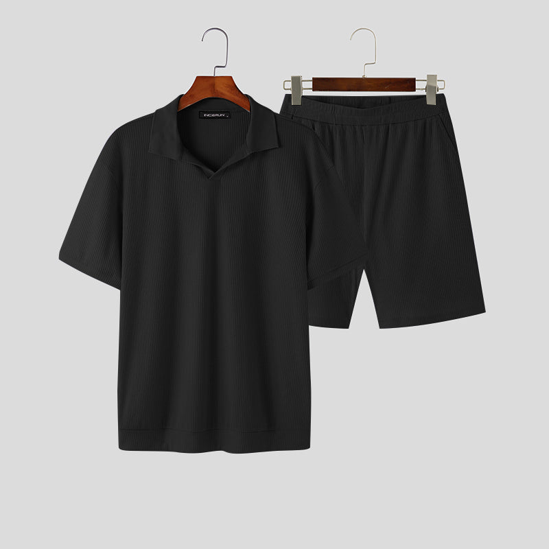 Herren-Set in einfarbigem Streetwear-Stil: Kurzarm-Hemd mit Revers & elastische Shorts - 2-teiliges, modisches, lässiges Outfit - undergroundtechnostore.de