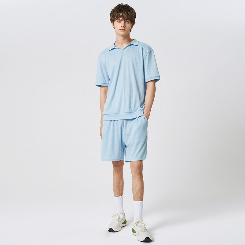 Herren-Set in einfarbigem Streetwear-Stil: Kurzarm-Hemd mit Revers & elastische Shorts - 2-teiliges, modisches, lässiges Outfit - undergroundtechnostore.de