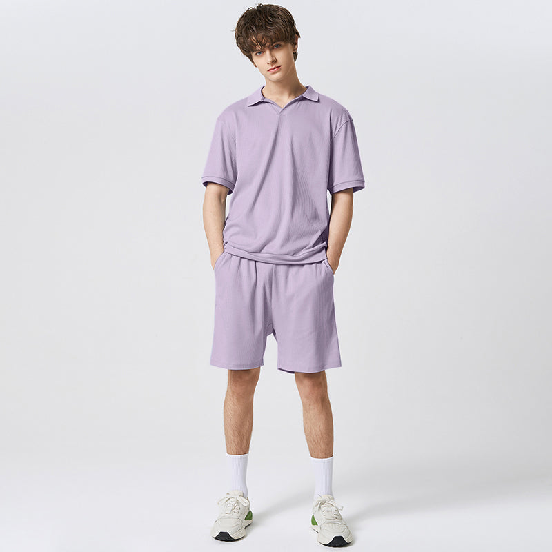 Herren-Set in einfarbigem Streetwear-Stil: Kurzarm-Hemd mit Revers & elastische Shorts - 2-teiliges, modisches, lässiges Outfit - undergroundtechnostore.de