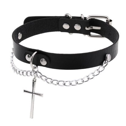 Harajuku-Gothic-Kreuzkette Anhänger Halskette - Verstellbares PU-Leder Choker für Damen und Herren - Hip-Hop-Underground-Schmuck - undergroundtechnostore.de