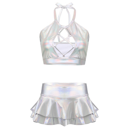 Damen Pole Dance Kleidung | Glänzendes Festival Outfit | Neckholder Crop Top mit Kunstleder-Minirock-Set - undergroundtechnostore.de