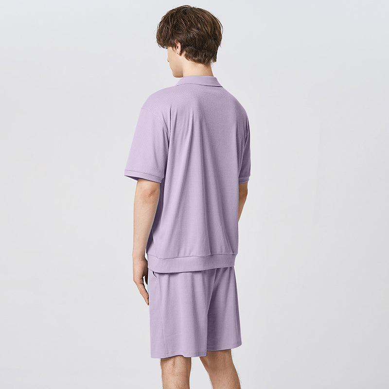 Herren-Set in einfarbigem Streetwear-Stil: Kurzarm-Hemd mit Revers & elastische Shorts - 2-teiliges, modisches, lässiges Outfit - undergroundtechnostore.de