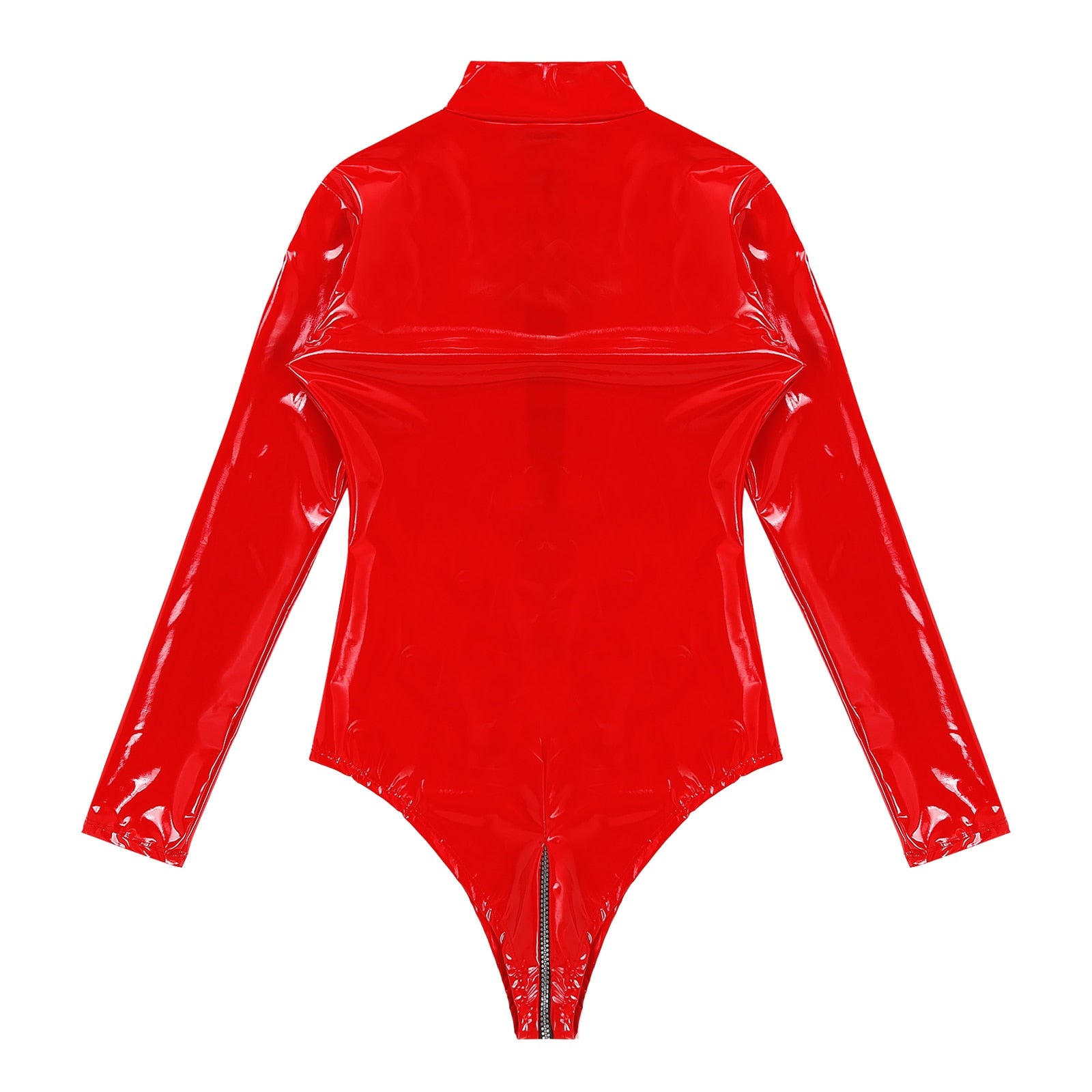 Damen Wet-Look PVC Latex Catsuit - Langärmeliger Clubwear Bodysuit mit Reißverschluss und High-Cut Design für Pole-Dance - undergroundtechnostore.de