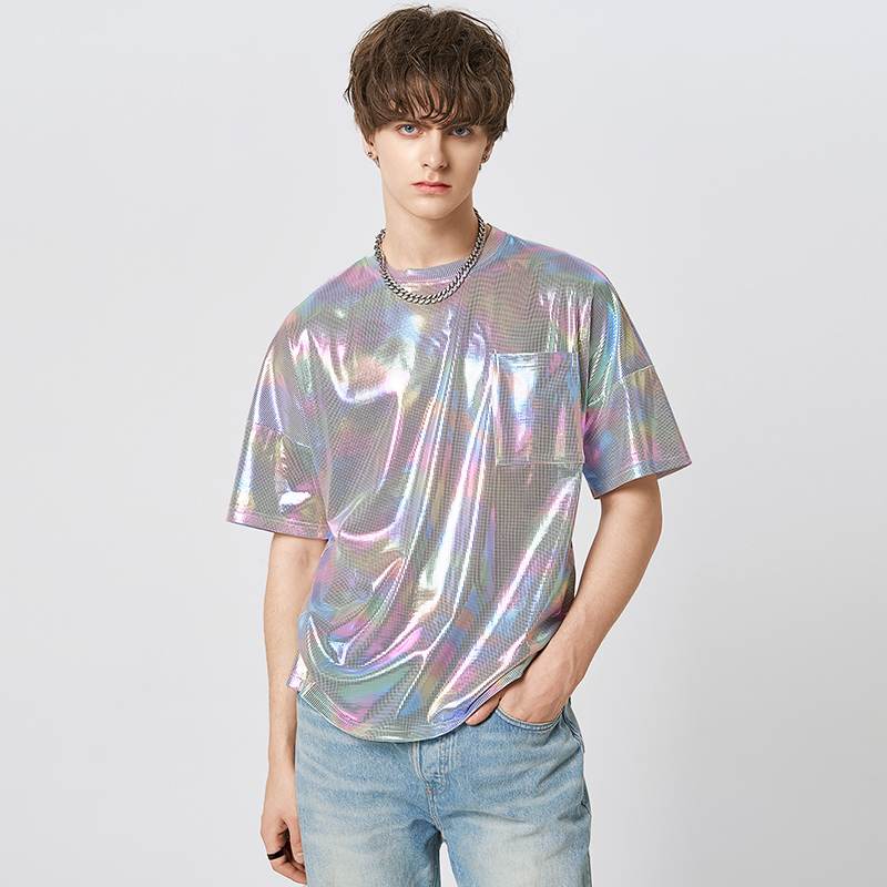 Herren T-Shirt 2023, glänzender Rundhalsausschnitt, kurzärmlige Streetwear, lockeres Modell, Sommer-T-Shirt mit Taschen, Party Casual Oberteil - undergroundtechnostore.de