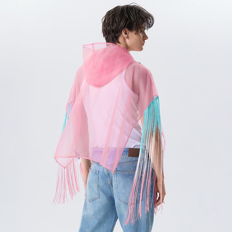 Herren T-Shirt mit Netz und Quastenverzierung, Kapuze, unregelmäßigem Kurzarm, transparenter Streetwear-Poncho - undergroundtechnostore.de