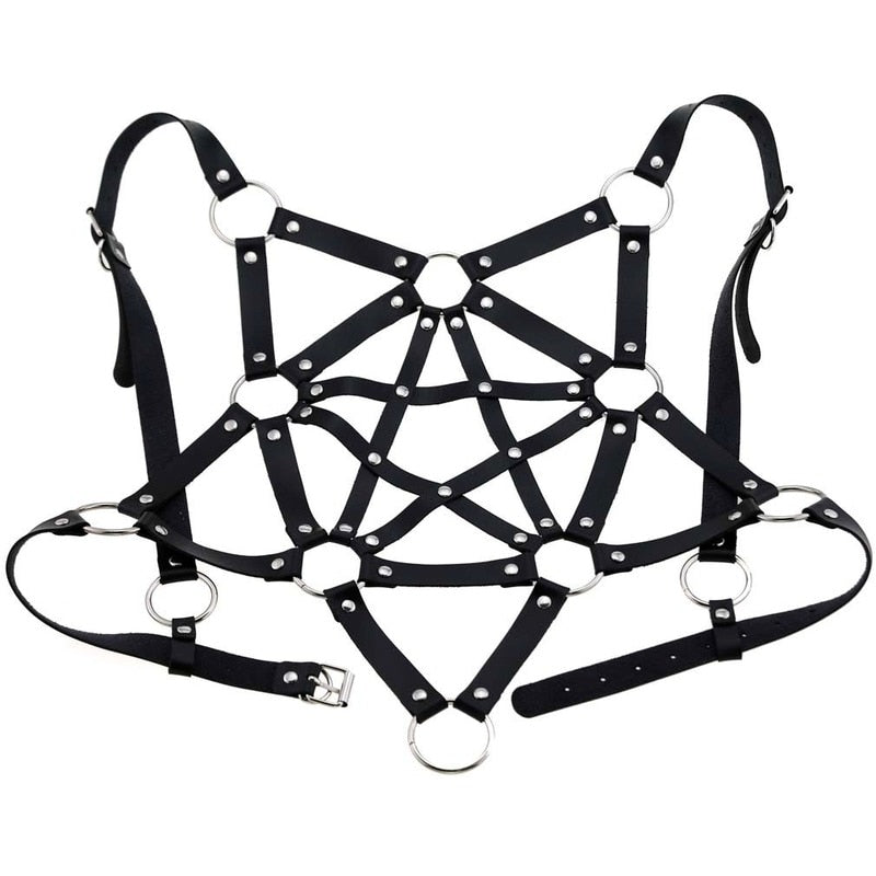 Sexy Leder Harness Strumpfbandgürtel - Sternenkörper Halskette - Gothic Party Mode Festival Outfits Schmuck - undergroundtechnostore.de