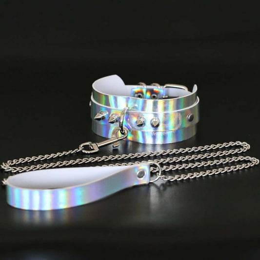 PU-Leder Langes Harness Halsband - Geschenk für Damen 2021 - BDSM Choker mit Nieten und Metall Laser Kragen - Modischer Schmuck - undergroundtechnostore.de