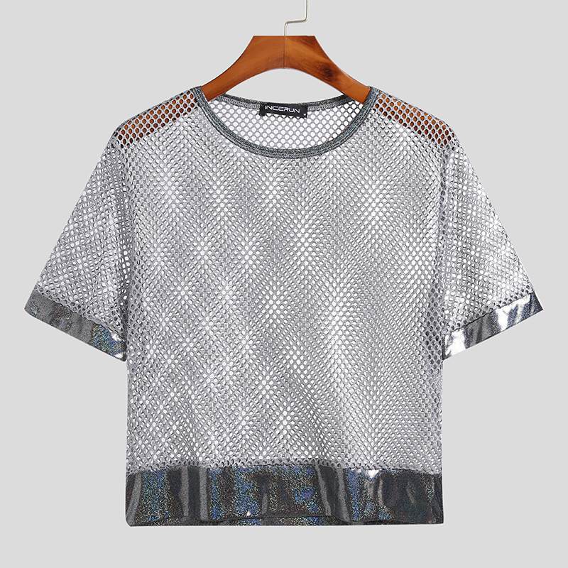 Herren T-Shirt - Durchsichtiges Netz-Patchwork - Straßenmode - Sexy O-Ausschnitt - Kurzarm Crop Tops - Atmungsaktive, Lässige Herrenbekleidung - undergroundtechnostore.de