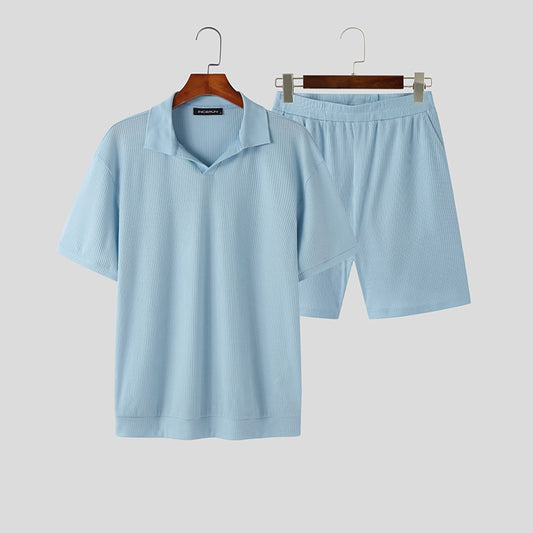 Herren-Set in einfarbigem Streetwear-Stil: Kurzarm-Hemd mit Revers & elastische Shorts - 2-teiliges, modisches, lässiges Outfit - undergroundtechnostore.de