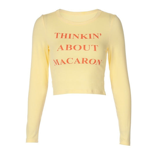 90er Vintage Buchstaben-Druck Gelbes Crop T-Shirt für Damen - Y2K Street Style, Langarmshirt mit O-Ausschnitt, Retro & Figurbetont - undergroundtechnostore.de