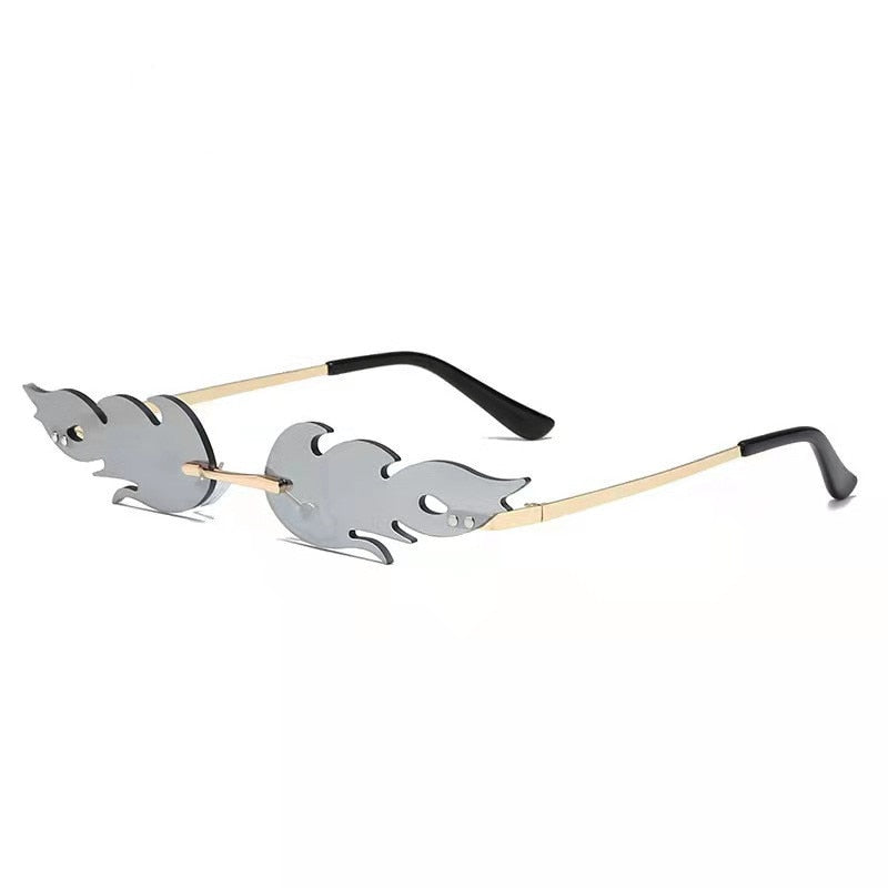 Rahmenlose Flammenform Metall-Sonnenbrille für Damen, persönlicher Party-Feuer-Dekoration, Sonnenbrille für Herren, einzigartige Street-Catwalk-Prom-Augenbekleidung - undergroundtechnostore.de