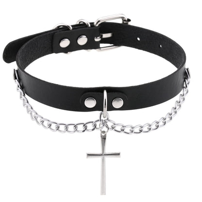 Harajuku-Gothic-Kreuzkette Anhänger Halskette - Verstellbares PU-Leder Choker für Damen und Herren - Hip-Hop-Underground-Schmuck - undergroundtechnostore.de