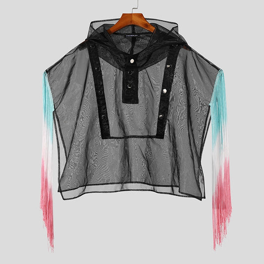 Herren T-Shirt mit Netz und Quastenverzierung, Kapuze, unregelmäßigem Kurzarm, transparenter Streetwear-Poncho - undergroundtechnostore.de